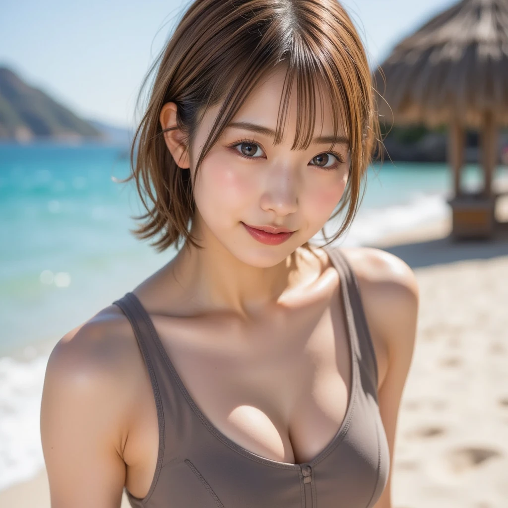(High-definition, 8K ,wallpaper), (Very delicate and beautiful), (Must-piece), (Highest quality: 1.0), (Ultra-high quality: 1.0), (Very high quality: 1.0) ,masterpiece, best quality, 4k, high res, realistic, raw photo, detailed skin, shiny skin, Japanese woman, 20 years old, sitting on a lifeguard stand, smiling gently, medium-length brown hair in a half-up hairstyle, brown eyes, wearing a one-piece swimsuit with intricate lace patterns, summer beach scene

