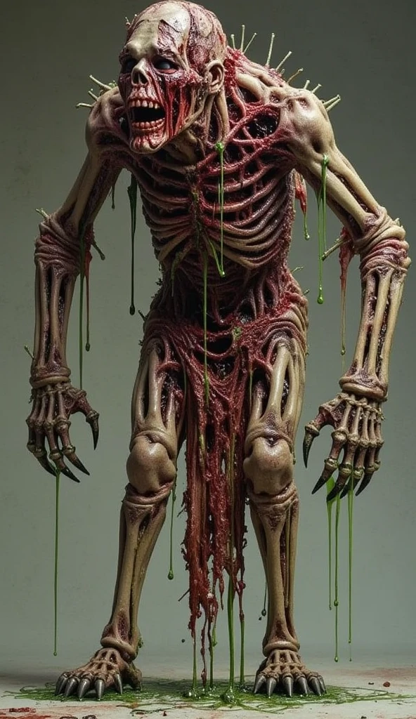 A bizarre, unsettling scene of a reality constructed entirely from meat, flesh, organs, and blood. The landscape is a grotesque mix of limbs, entrails, and veins that form a twisted, nightmare-like environment. Distorted humanoid figures made of flesh and blood are seen wandering through this macabre world, their expressions a mix of horror and confusion.
