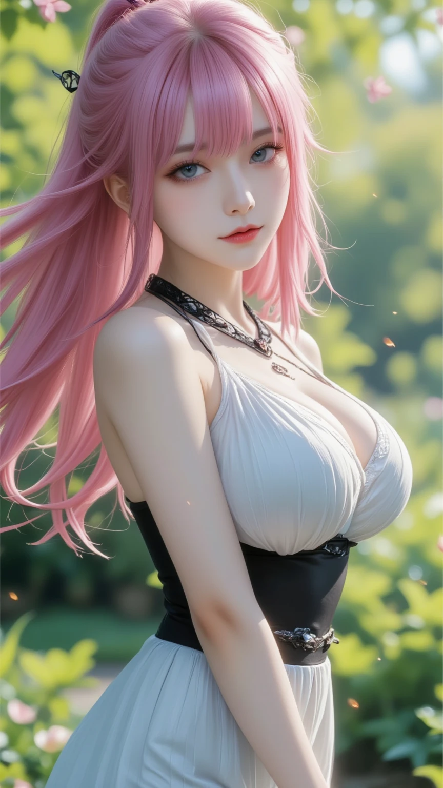photorealistic, high resolution, 1women, shining skin, solo, tattoo, jewelry, (((pink lips, long while hair, blue eyes))), closed mouth, street wear, hips up, red dress, red dress