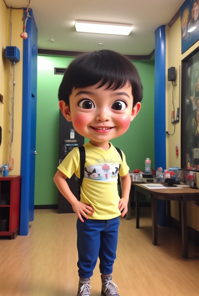 Realistic 3D photo caricature, a 2 year old of Chinese ethnicity is sitting riding a Thomas mini train, smiling, short and thin hair, wearing a driver's shirt and hat, background of the Thomas World train station. softlight.