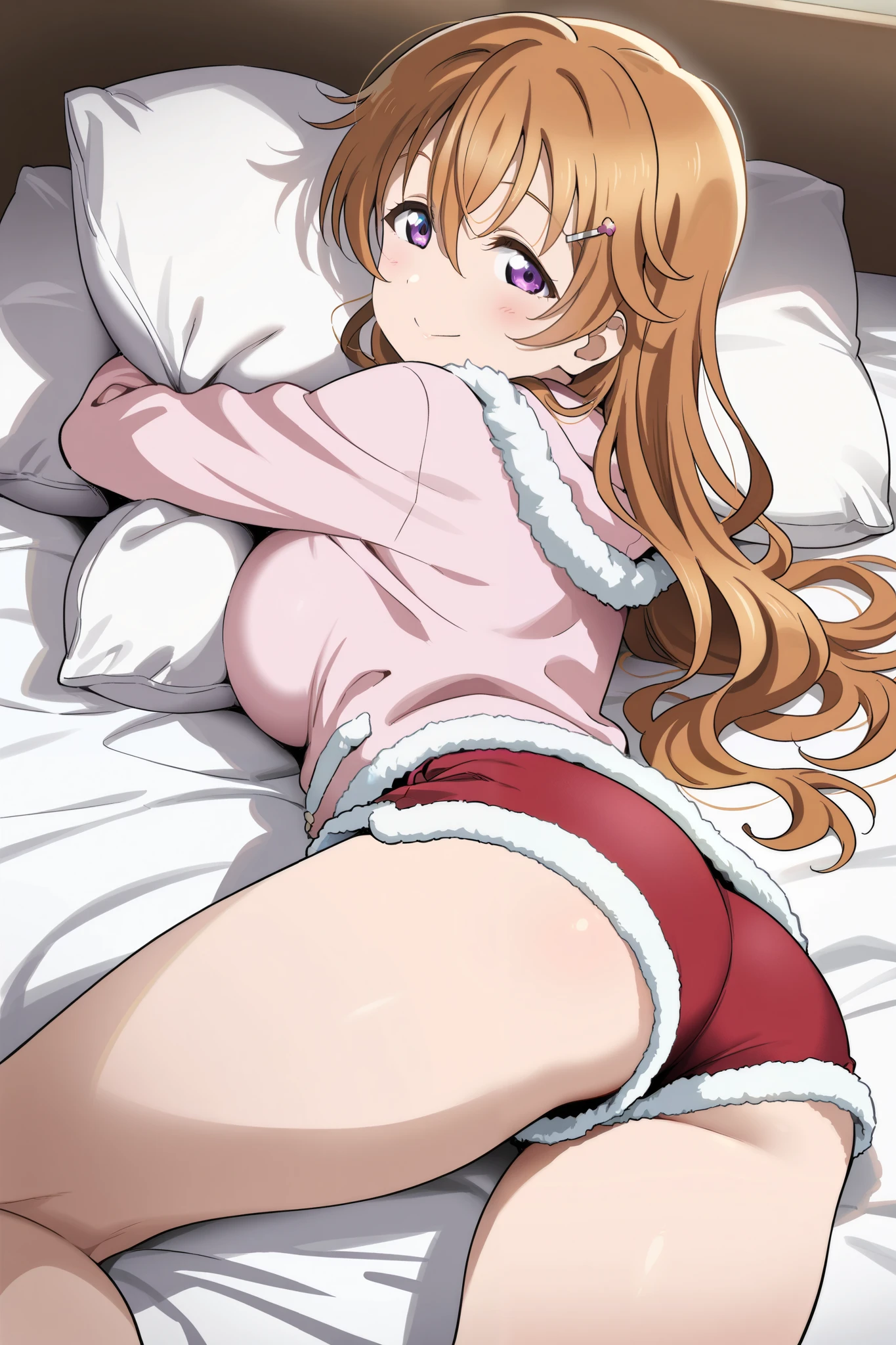 score 9, score 8 up, score 7 up, ultra-detailed, (best quality, (((masterpiece))), ultra detailed, ultra high res, absurdres, high-resolution, highest quality, very aesthetic, textile shading), source anime, (detailed eyes), (detailed face), nsfw, unsensored,  BREAK, (andou shuki), (konoe kanata), (love live! nijigasaki high school idol club),  large breasts, thighs, on stomach, on bed, pillow hug, short shorts, fur trim, pajamas, smile, 