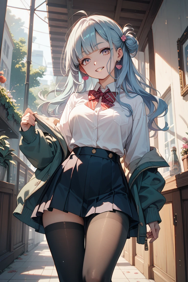 High school girl with silver hair ponytail、Green plaid skirt、white blouse and green tie、white stockings、White garter belt、brown leather bag、Black loafers、Ecstatic look、Pointed mouth、red blush