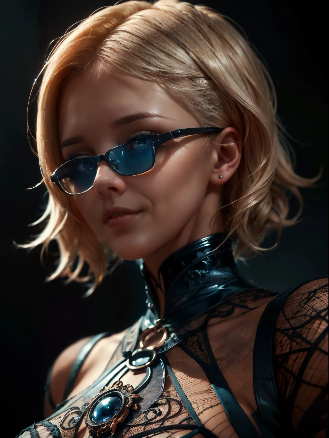 a ghostly, haunting, aesthetic nightmare, 1 woman, detailed face, melancholic expression, dark smoky atmosphere, moody lighting, intricate details, cinematic composition, dark fantasy, surreal, digital art, rounded face, very short disheveled blonde hair, big blue eyes, shy smile, perfect flat breast, look at you, glasses, monroe