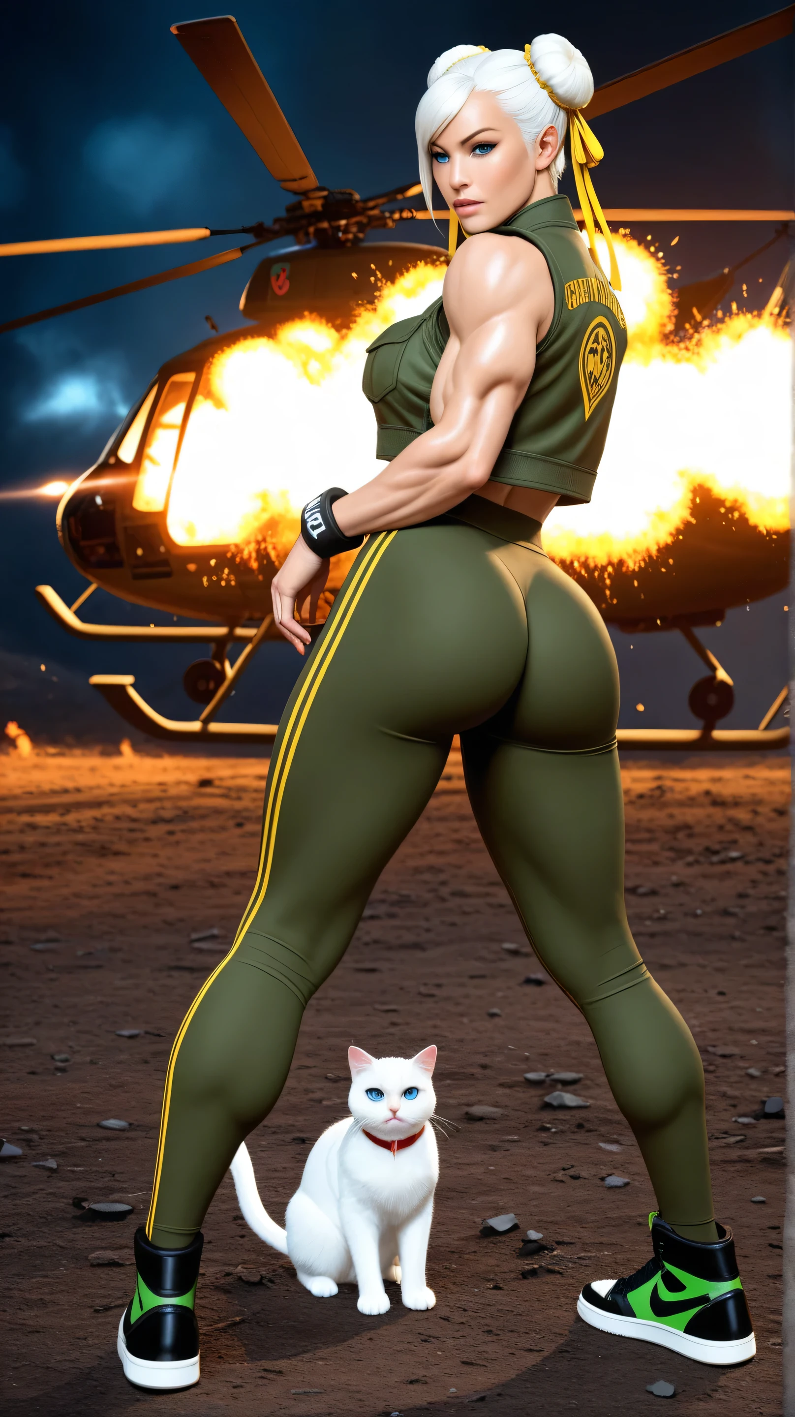 "A 20-year-old Japanese girl, May Shayume, 180 cm, snow-white skin, short, smooth white hair with neon green highlights, scarlet neon blue eyes,  sharp facial features . Hyperrealistic muscular body inspired by Chun-Li from Street Fighter 6, large breasts almost coming out of the olive green military uniform with embroidered 'May Shayume', thin waist, Usa Meias Brancas, muscular legs, big butt, wearing Air Jordan 13 'The Last Dance'. On a dusty battlefield with explosions in the background, military helicopter behind,  seductive and confident pose . Ao seu lado, a Garfield-style 3D white cat with blue eyes, Looking with disdain. ultra-realistic, vibrant colors, dramatic lighting."

