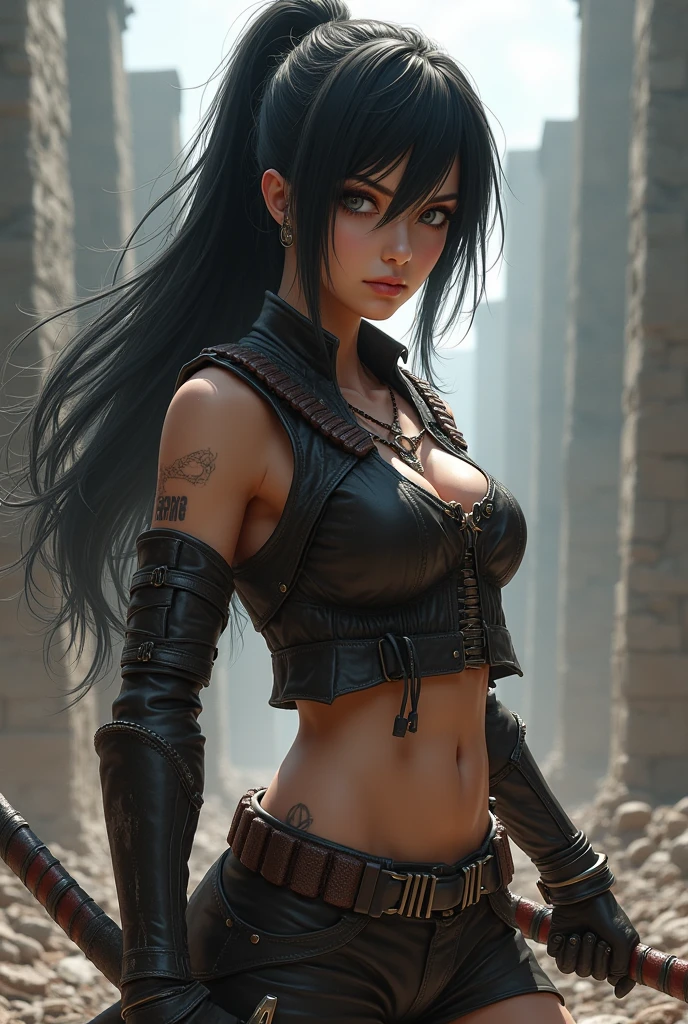 Ctea a girl from a zombie video game, He has long black hair and a white lock, has bangs. His eyes are big and green, She is attractive, She has very pale skin with pink undertones. He is standing holding a gun in his hands with a happy expression. Her clothes are a short blouse and some pants. have some belts on to hold weapons. He has a tattoo on his abdomen and a piercing on his lip.