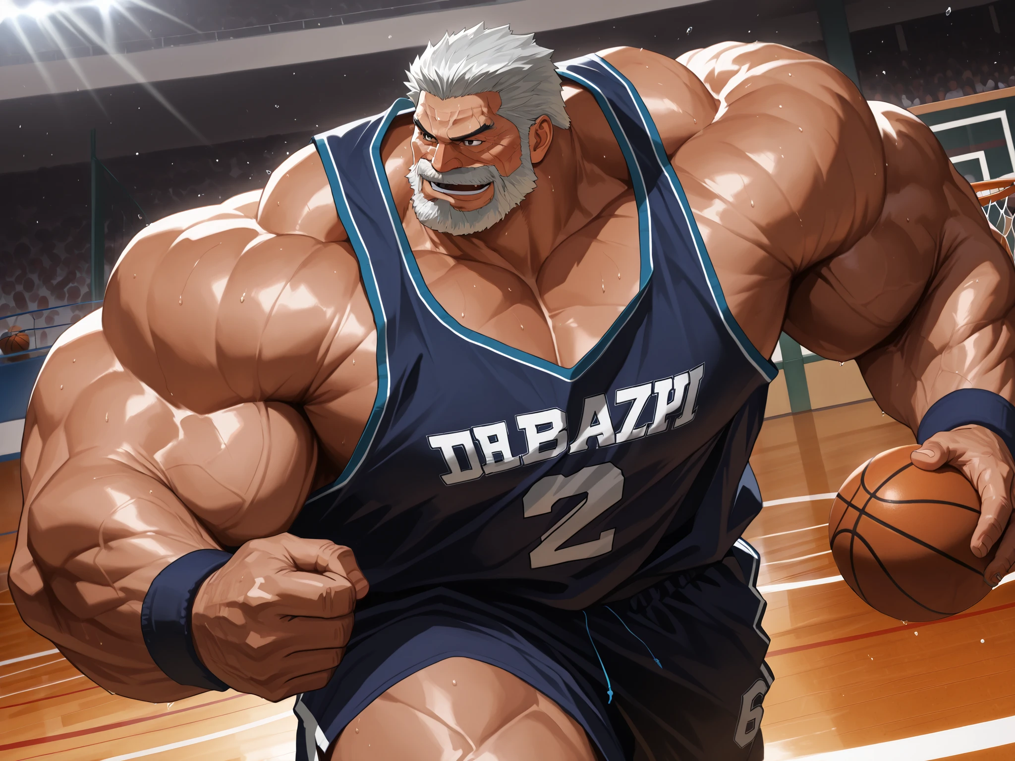solo, huge muscular old man, garp, white_Garp_old facial hair, grey_Garp_short hair, black_Garp_scar on face, black_Garp_eyes, happy, side chest, Stand slightly sideways, side angel, shirtless, very huge pectoral, shorts, basketball, running, playing basketball, dribble ball,, jersey, basketball fields, playing basketball, detailed face:1.3, eyes, wide shoulder, thick arms, wide pectoral, muscle, short hair:1.2, masterpiece, semirealistic:1.2, high detailed, 8k, high resolution