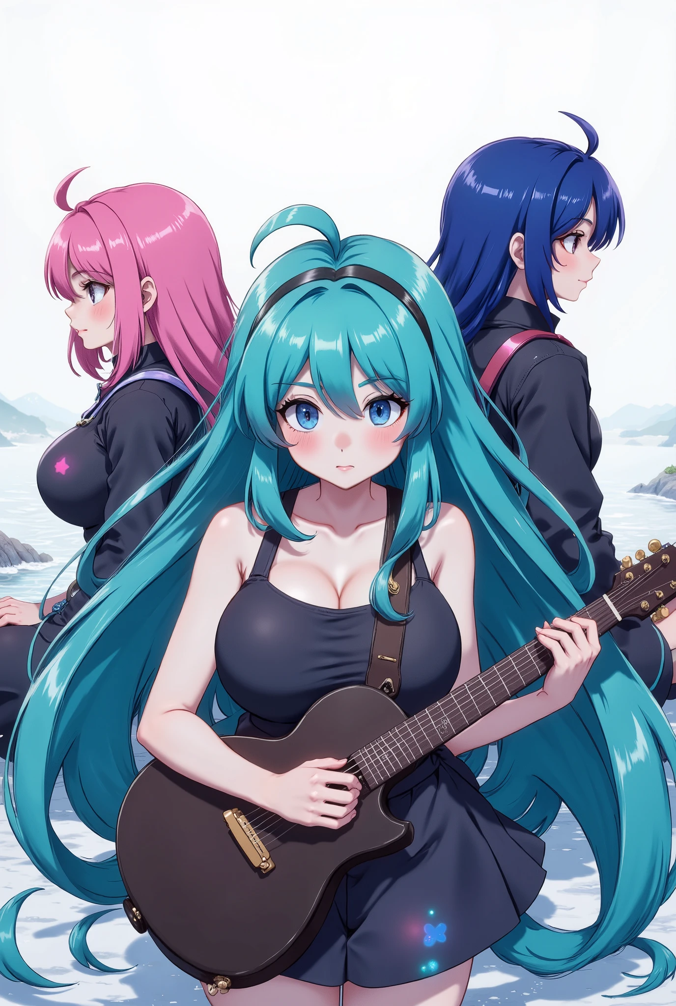 "Best quality masterpiece featuring a vibrant pool party scene with people wearing sun glasses, enjoying the sun under a beach umbrella, and dressed in stylish shirts. Incorporate elements from the game Arknights." 4girls