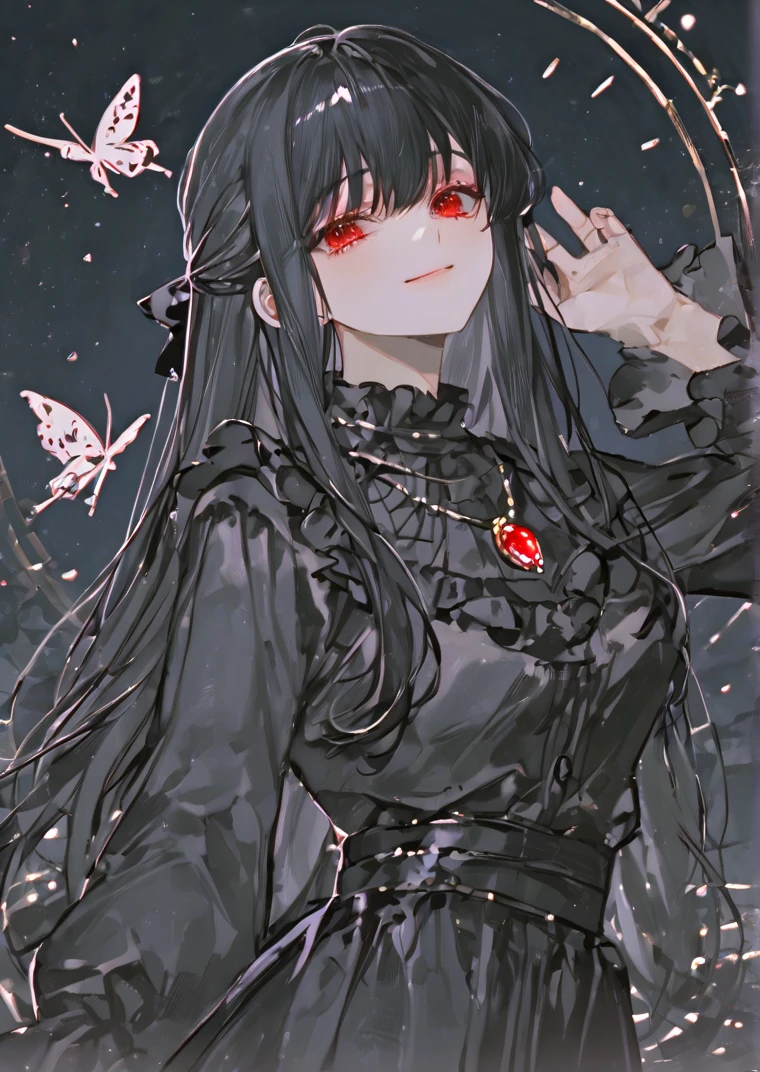 woman, red eyes, long curry wauy black hair. wear black dress, arrogant, independent woman. background in garden. she is vampire. sadistic smile. IDOL. wear flowers in right her hair.