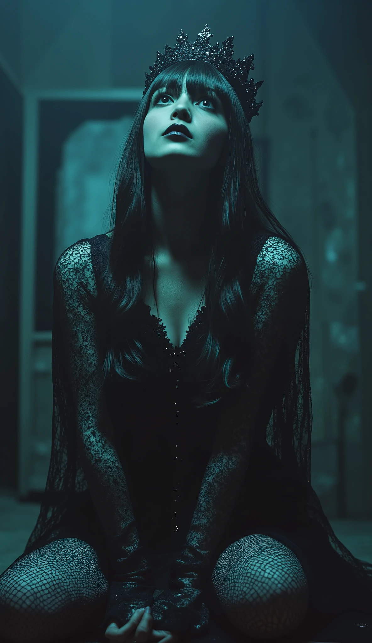 (((On the top floor of the Dark Castle:2.0))),((Night sky with constellations:2.0)),(((Dark horror atmosphere with a gothic feel:2.0))),(((Lift the large, shiny copper sword above your head with both hands:2.0))),sit with open knees,((seiza:2.0)),looks up at the night sky,One female ghost,((super cute face:2.0)),(Beautiful well-balanced face :2.0),((long hair with bangs:2.0)),(black hair:1.5),(beautiful eyes:1.5),glamorous shot of a 20-year-old Japanese woman, Slender Beautiful Body ,((model body type:2.0)),((slim body:1.7)),perfect body line,Ideal Proportions,((big on the floor:2.0)),((スリーサイズ90-58-86:2.0)),((G cup breasts:2.0)), popup,((((Underboob:2.0)))),Bare thighs,Sensual Thighs,delicate body,(Glutinous Flesh:1.7),harmonious posture,((Realistic breast depiction :1.7)),Carefully Depicting Limbs Based on Perfect Anatomy,((super high-leg leotard in the style of the king of darkness with a copper sword:2.0)),((super high-leg leotard with a beautiful, shiny copper sword:2.0)),((Hi-leg leotard with a large shiny copper sword:2.0)),(Black lipstick:2.0),((Wear a black lace short veil over your head:2.0)),((((Coarse mesh fishnet stockings:2.0)))),(((Copper crown:2.0))),Concept Art,(top quality:2.0),(masterpiece:2.0),((超high definition:2.0)),high definition,UHD,(Delicate Description), carefully drawn with butterfly wings ,32k,((realistic skin texture:1.5)),(((ultra-realistic:1.5))),carefully draw eyelashes,very detailed face,Highly detailed female hand, Sexy appearance ,very sensual,(Blurry Dim Backgrounds :1.5),professional photo shoot,(movie light:2.0),((Rembrandt-style lights:2.0)