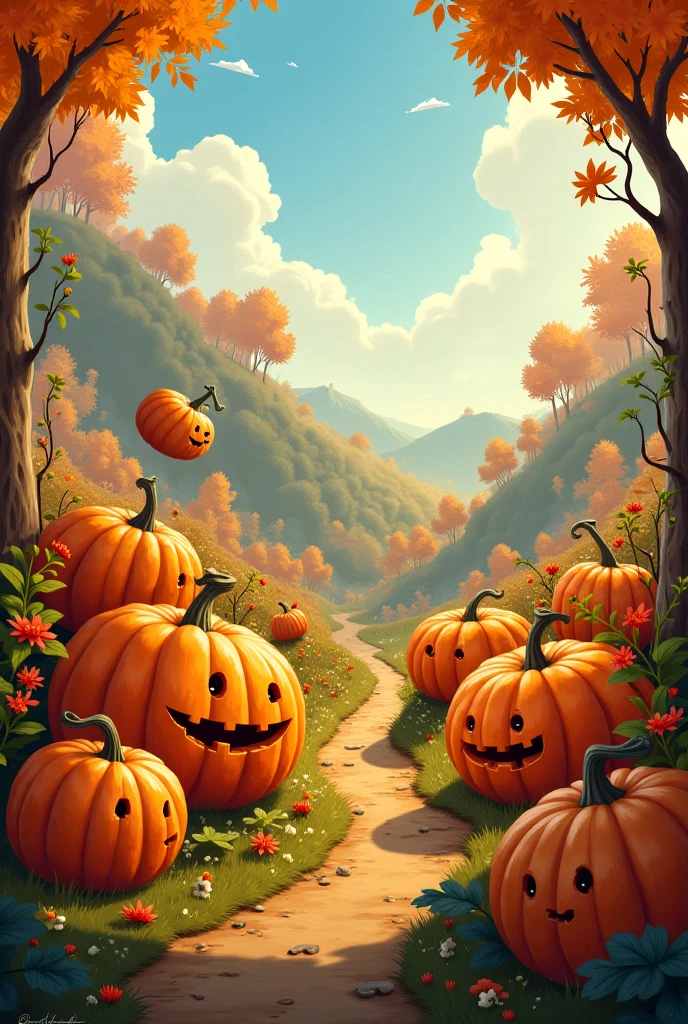 Scared pumpkins running in a pumpkin patch from cutting shears