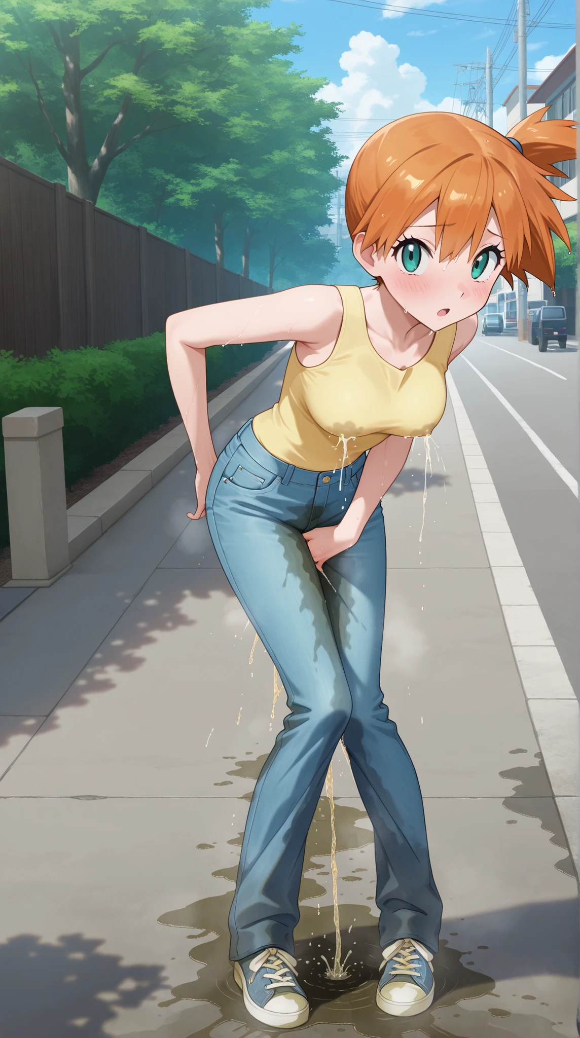 masterpiece, best quality, amazing quality, 1girl, youthful female, misty from pokemon, no headwear, (lactation), medium breast, skinny body, (wetting herself), (desperation), large wet pee stain, pee stain visible on her pants, (blue denim pants), casual outfit, footwear, looking at viewer, outdoor setting, :O, full body, Fashion photography, anime screencap