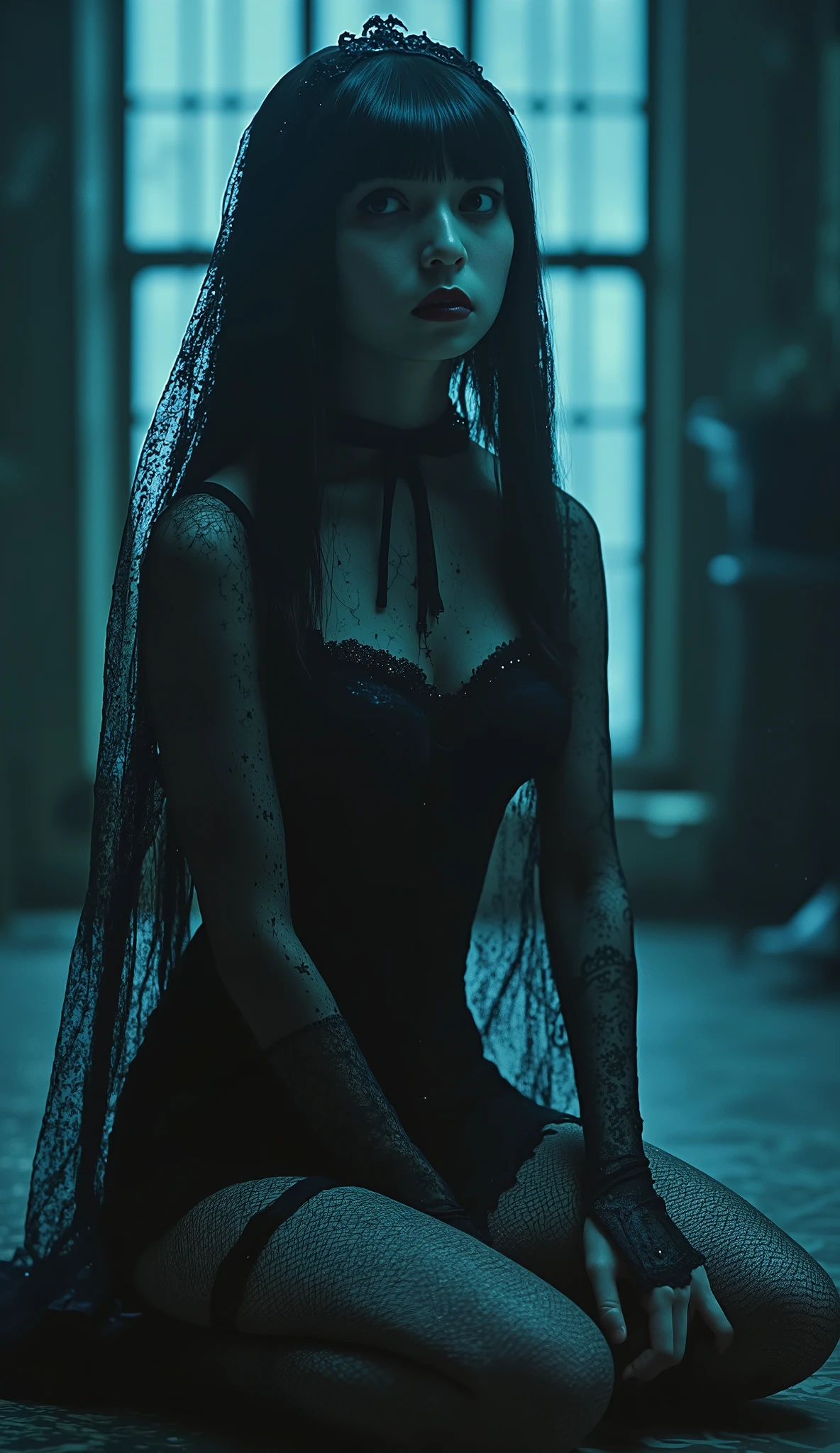 (((On the top floor of the Dark Castle:2.0))),((Night sky with constellations:2.0)),(((Dark horror atmosphere with a gothic feel:2.0))),(((Lift the large, shiny copper sword above your head with both hands:2.0))),sit with open knees,((seiza:2.0)),looks up at the night sky,One female ghost,((super cute face:2.0)),(Beautiful well-balanced face :2.0),((long hair with bangs:2.0)),(black hair:1.5),(beautiful eyes:1.5),glamorous shot of a 20-year-old Japanese woman, Slender Beautiful Body ,((model body type:2.0)),((slim body:1.7)),perfect body line,Ideal Proportions,((big  on the floor:2.0)),((スリーサイズ90-58-86:2.0)),((G cup breasts:2.0)), popup,((((Underboob:2.0)))),Bare thighs,Sensual Thighs,delicate body,(Glutinous Flesh:1.7),harmonious posture,((Realistic breast depiction :1.7)),Carefully Depicting Limbs Based on Perfect Anatomy,((super high-leg leotard in the style of the king of darkness with a copper sword:2.0)),((super high-leg leotard with a beautiful, shiny copper sword:2.0)),((Hi-leg leotard with a large shiny copper sword:2.0)),(Black lipstick:2.0),((Wear a black lace short veil over your head:2.0)),((((Coarse mesh fishnet stockings:2.0)))),(((Copper crown:2.0))),Concept Art,(top quality:2.0),(masterpiece:2.0),((超high definition:2.0)),high definition,UHD,(Delicate Description), carefully drawn with butterfly wings ,32k,((realistic skin texture:1.5)),(((ultra-realistic:1.5))),carefully draw eyelashes,very detailed face,Highly detailed female hand, Sexy appearance ,very sensual,(Blurry Dim Backgrounds :1.5),professional photo shoot,(movie light:2.0),((Rembrandt-style lights:2.0)