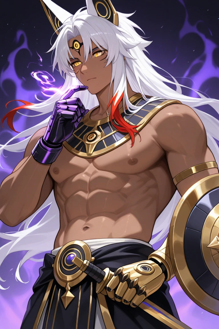 Pale white male monster with a staff and gems imbued in body split face, not humanoid