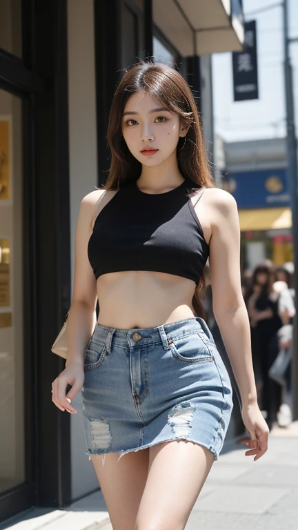 (masterpiece:1.3),(street:1.4),(city View:1.5),(best quality:1.3),(whole body:1.3),(Large Breasts:1.2),About Piziaake,(Practical:1.4),transparent,Pantyhose,abdomen,(Very detailed:1.3),Unity 8K wallpaper,A girl,Solitary,transparent legwear,belly button,Thong,abdomen,Top of crop,Bare shoulders,High heel,Lower breasts