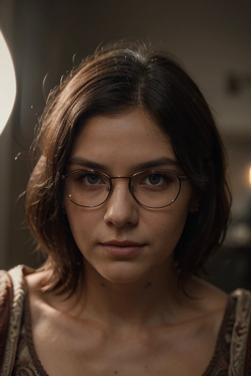 She is a woman in her twenties, with an appearance that combines the classic elegance of Jenna Coleman with the touch of determination of Resident Evil's Jill Valentine. Her brown hair falls in soft curls to her shoulder, framing a delicate face adorned with expressive, penetrating eyes. She wears slightly thick glasses that add an intellectual charm to her look. She wears a Goku shirt and dark green jeans. Her posture is confident, and her presence radiates a mixture of intelligence, courage and grace. The place where she is drinking coffee. She is happy and cheerful