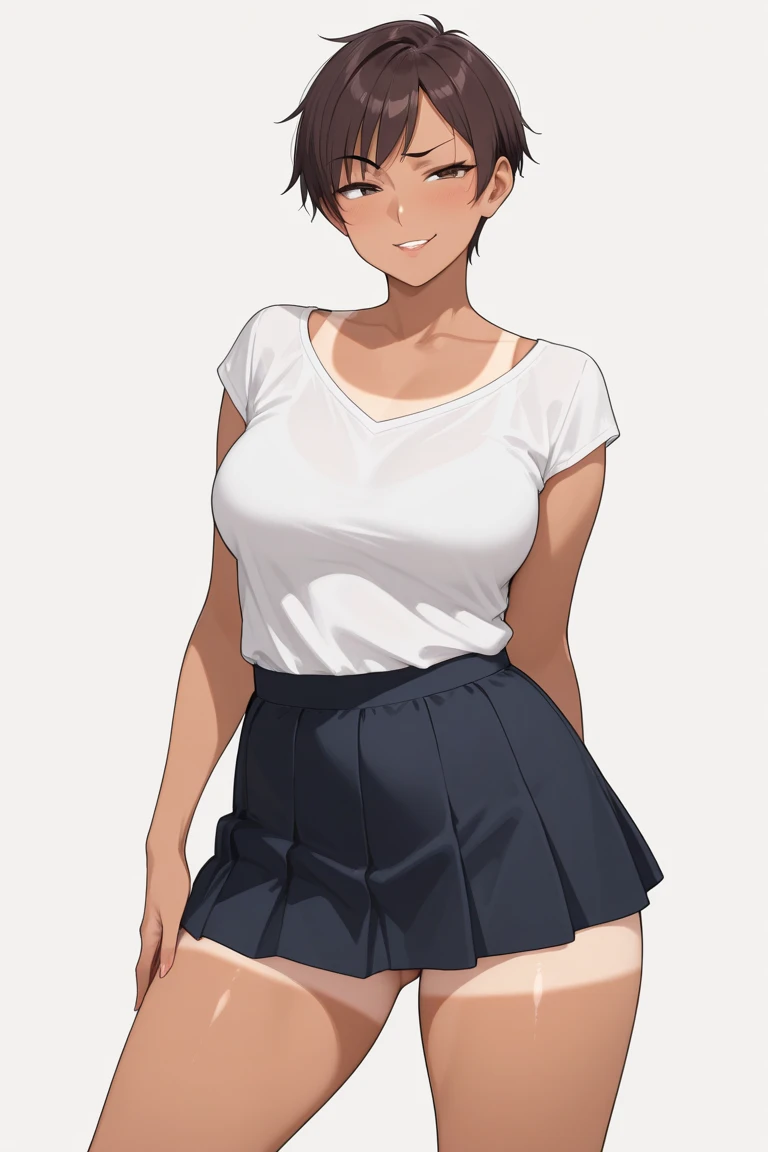 masterpiece, best quality, detailed face, detailed eyes, <lora:HUCasey:0.5>, black hair, short hair, abs, toned, HUCasey, outdoors, festival, school uniform, midriff peek, smile, 1girl, grey eyes, standing, dress shirt, partially unbuttoned, miniskirt, thighhighs,