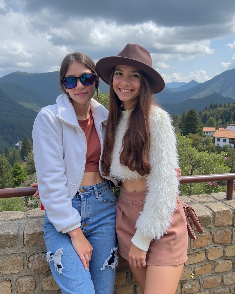 1 girl in, 20 years, square face, wide, looking at the viewer, jewelry, realist, a sexy, texan shorts, multicolored suits, mountain background, free standing, smiling,