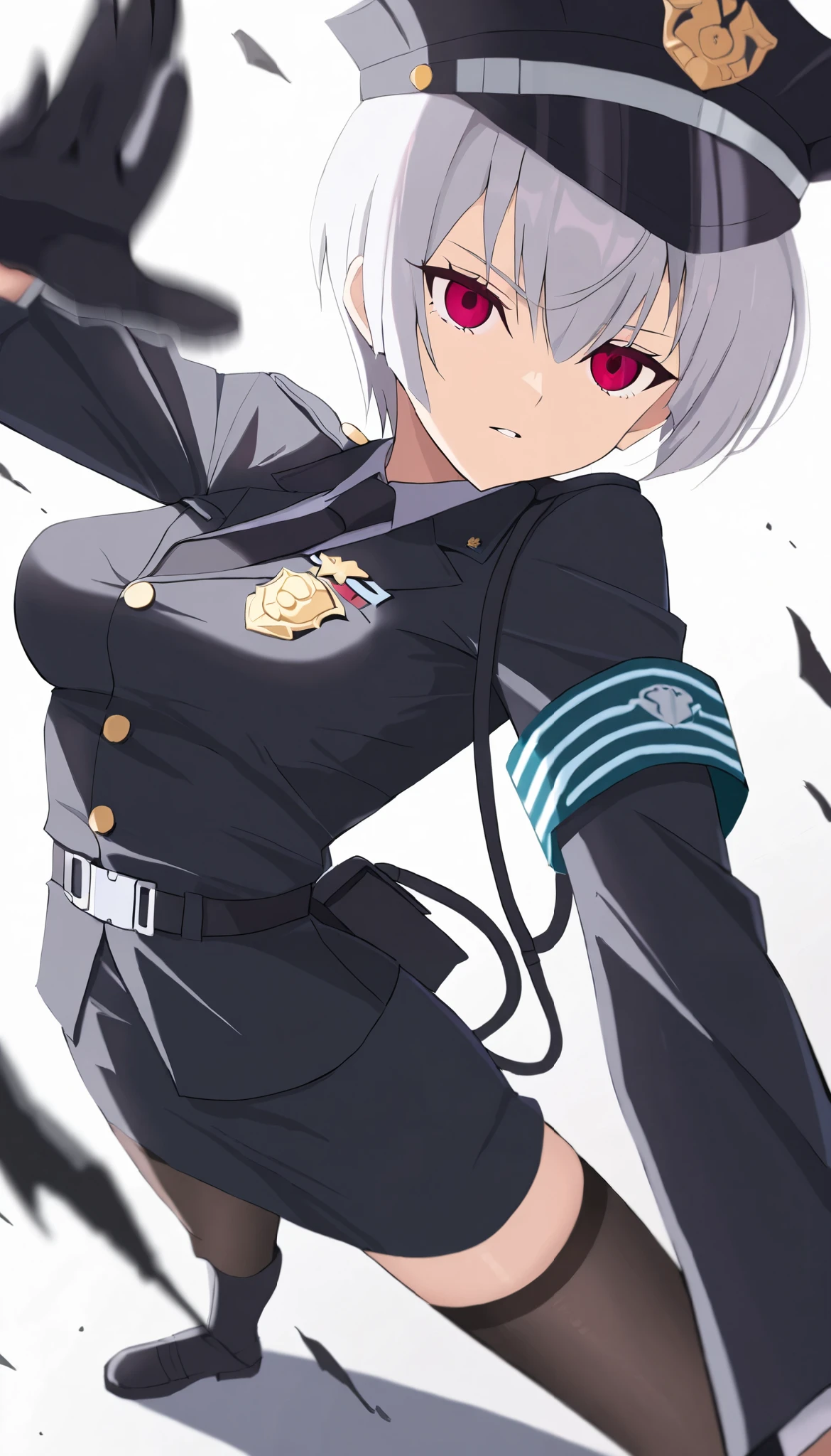 ((masterpiece)), (best quality), 1girl, solo, Simple background, temptation, delicate face, Battle Pose , Thomas slalom kick, full body, silver short hair, long sideburn, Disdainful Eyes, Black Stockings, Damaged black police uniform, medium breasts, style: midjourney, white background, two-point perspective , Impact footage,motion blur,depth of field, closeup