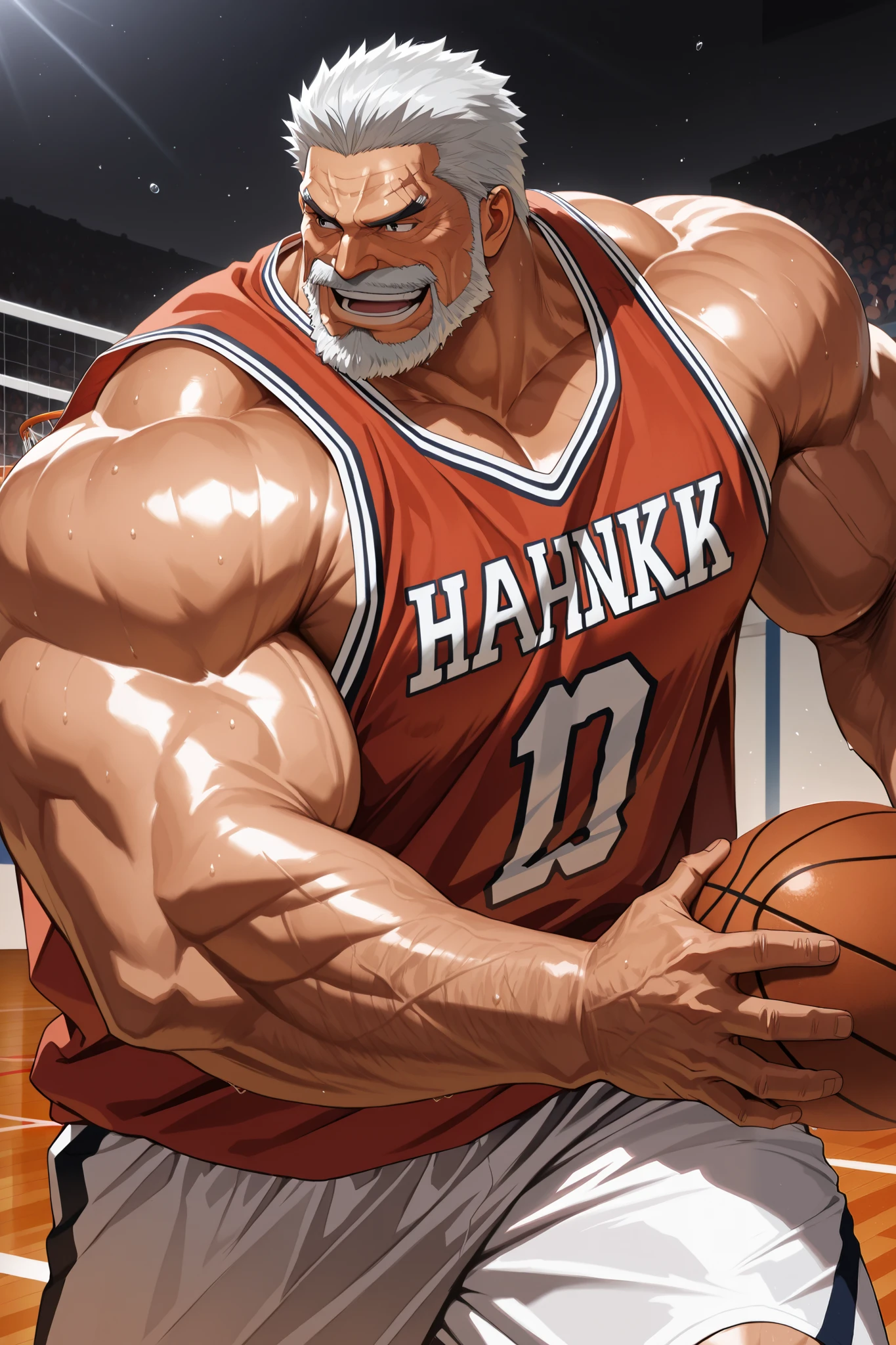 solo, huge muscular old man, garp, white_Garp_old facial hair, grey_Garp_short hair, black_Garp_scar on face, black_Garp_eyes, happy, side chest, Stand slightly sideways, side angel, shirtless, very huge pectoral, shorts, basketball, jersey, basketball fields, playing basketball, detailed face:1.3, eyes, wide shoulder, thick arms, wide pectoral, muscle, short hair:1.2, masterpiece, semirealistic:1.2, high detailed, 8k, high resolution