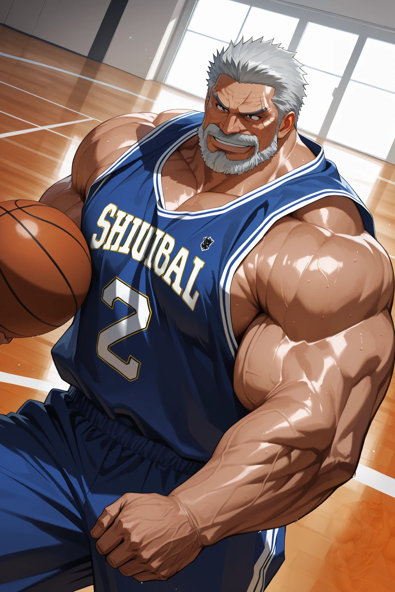 solo, huge muscular old man, garp, white_Garp_old facial hair, grey_Garp_short hair, black_Garp_scar on face, black_Garp_eyes, happy, side chest, Stand slightly sideways, side angel, shirtless, very huge pectoral, shorts, basketball, jersey, basketball fields, playing basketball, detailed face:1.3, eyes, wide shoulder, thick arms, wide pectoral, muscle, short hair:1.2, masterpiece, semirealistic:1.2, high detailed, 8k, high resolution