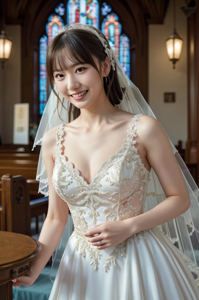 ((((top-quality))))、(((Ultra Precision CG16K Wallpapers)))、(((​masterpiece)))、(((ultra-detailliert)))、(((Ultra-extreme details)))、One woman、a matural female、a 25yo woman、((Japanese face))、((extremely beautiful face))、((assist々Kiki:1.8))、((bob cuts:1.2))、(curly hair)、Bangs up to the eyebrows、Beautiful brown hair、Beautiful delicate eyes、Brown eyes、lofty nose、small nostrils、seductive lips、slightly open mouth、Beautiful breasts、C-cup size breasts、cleavage of the breast、Plump body、perfectly proportions、perfect anatomia、Beautiful and detailed shading、Beautiful natural lighting、Beautiful detail glow、depth of fields、(((a high chroma)))、((realisitic:1.9))、((Vivid：1.4))、((Beautiful skin))、((Skin texture))、((Realistic skin feeling))、perfect-composition、((cowboy  shot))、((View from the front))、((a smile:1.2))、(Staring eyes)、Bright sunshine、((Stand in Church:1.2))、(Background blur)、((White Lace Prom Dresses:1.5))、(bouquet)、(耳Nipple Ring)、((beautiful thigh:1.5))、NSFW、