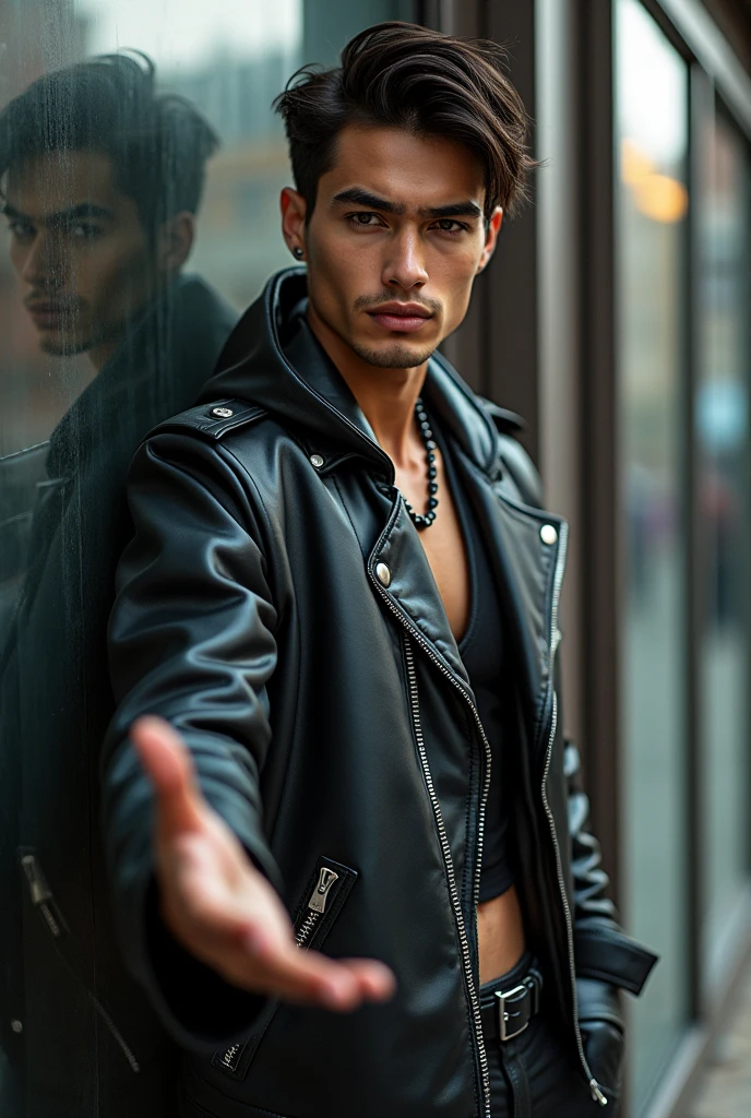 Disney Pixar poster of a 22 year old young man taking a selfie at night wearing a black leather jacket and sarong entitled zuhdan