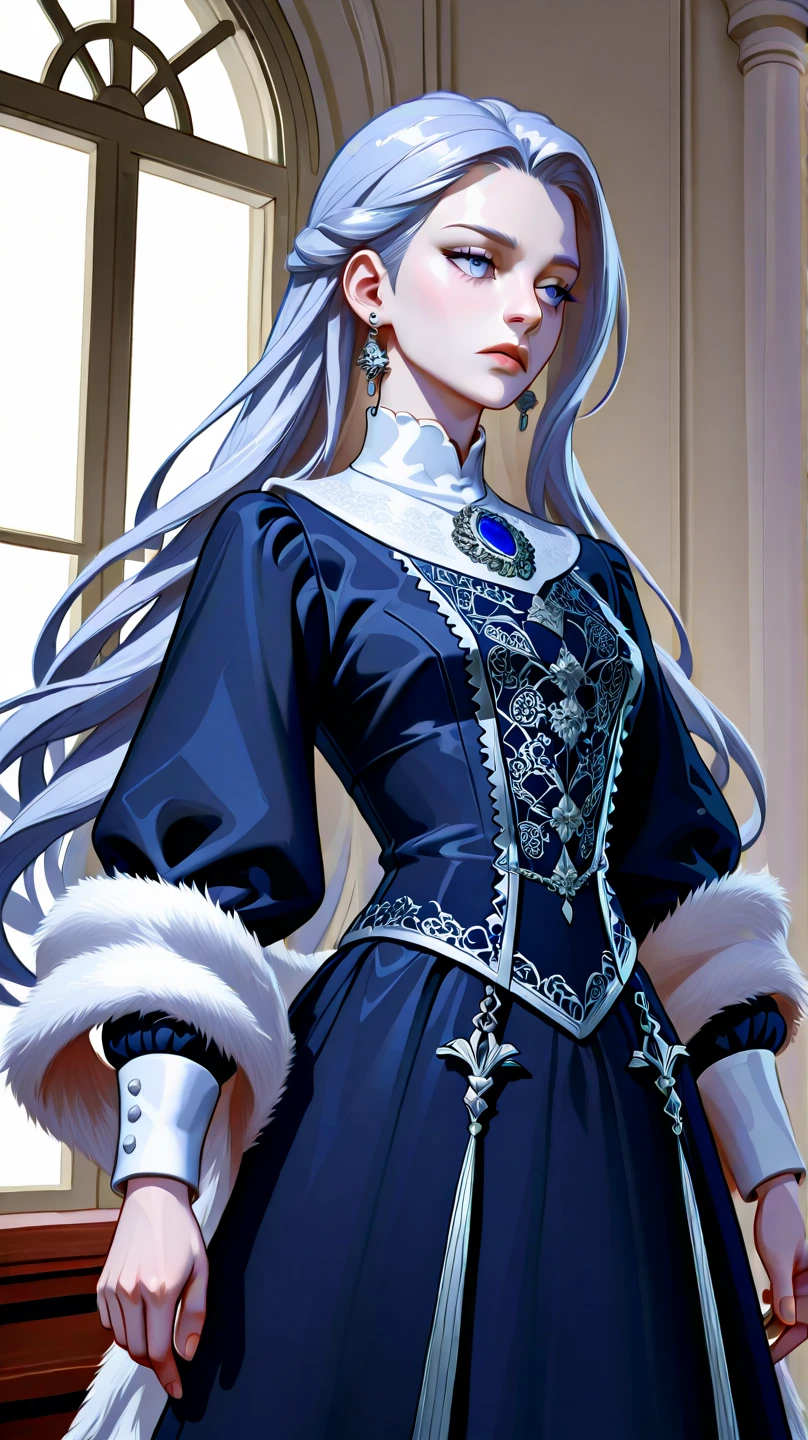 CRU, beautfull woman, (incredibly long hair, White hair, Wavy hair, blue colored eyes), in the office, while sitting in an armchair, beautiful and graceful dress, rosto gentil, adult face, mature face, 25 year old female (whole body:1.3), (work of art) (perfect proportion)(photo realist)(best qualityer) (detailded) (8k) (HDR) (wall-paper) (cinematic lighting) (sharp focus) (intrikate)