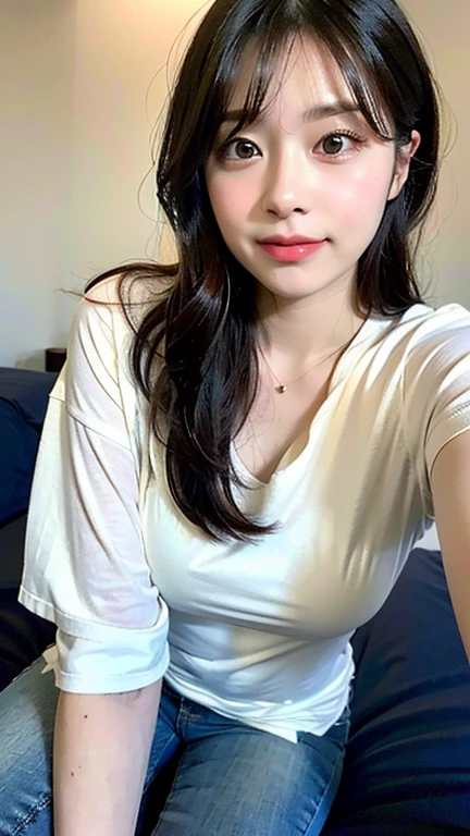 masterpiece,best quality, (mature:1), accurate anatomy, ((portrait:1)), Looking at the Viewer, ((open mouth:0.75)), ((your chin up:1.3)), sweaty body:1, white shirt, ((seductive expression)), friendly, in room