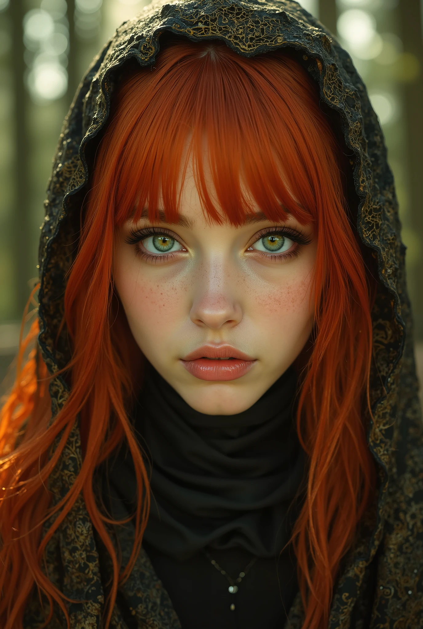 red-haired woman,green eyes,upper body shot,fantasy atmosphere,delicate expression,Mysterious Gaze,big eyes,Classy construction,4K,EXTRA FINE DETAILS,Deep Dream,fantastic, clear , Vivid , Warm Tones