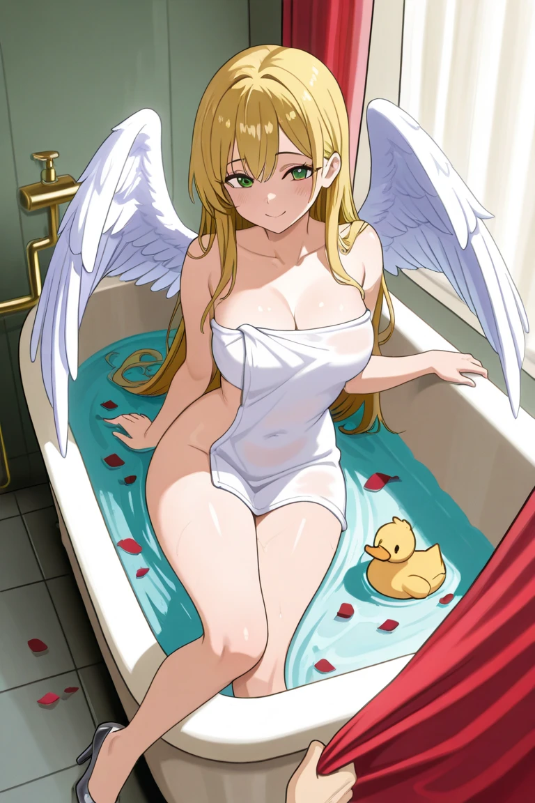 Blonde hair, blue eyes, Sexy, large breasts, angel wings, nude, naked, nipples, shower room, shower, smile