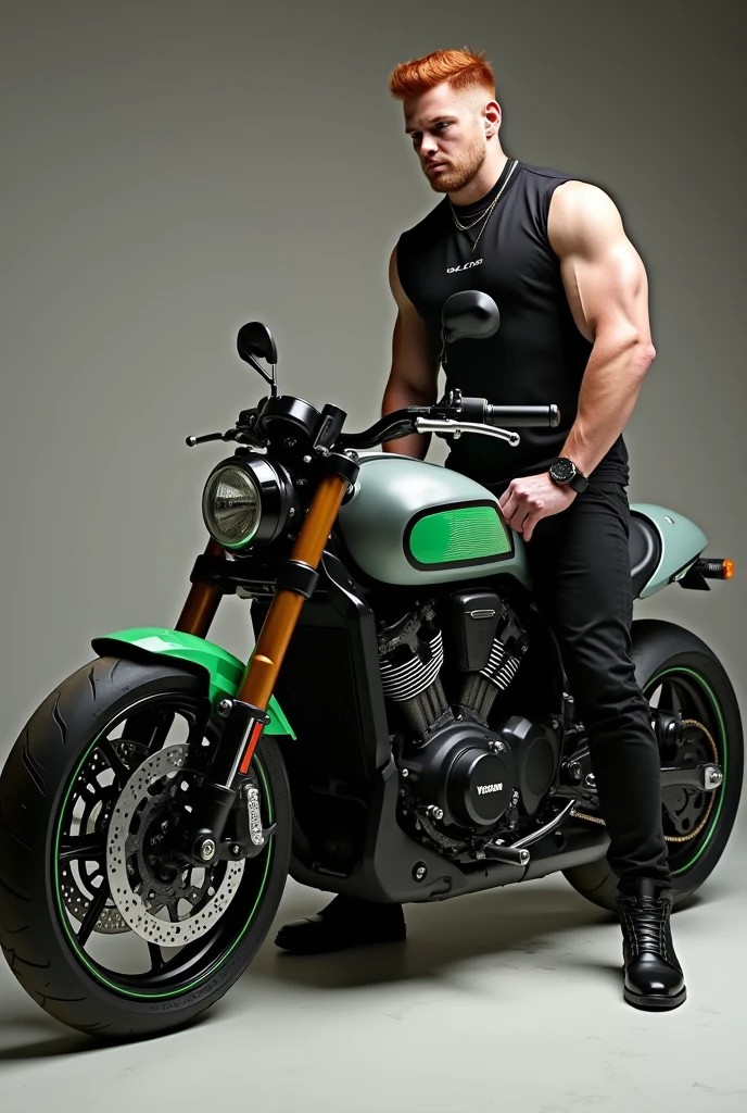 full body view , young bodybuilded over-muscular white man with fresh scuplted undercut light-brown haircut, in leather chaps, black shiny metal steel cap toe boots, many silver necklaces and rings, style Tom Finland tone, massively bodybuilded, beauty, fiery, all muscles over-inflated especially pecs and triple-biceps, in a vintage garage, he just left his motorbike, his boot must be seen , cyberpunk ambiance, realistic photo, 