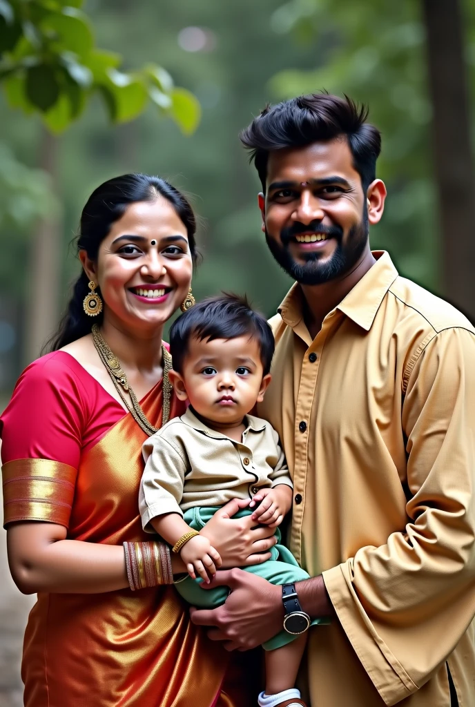 South Indian dark skin couples having two baby in their each hands