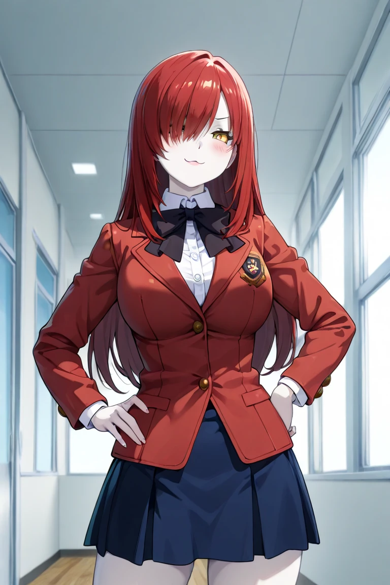 (((Standing posture)))、((Shiny underwear)))、Uniform Blazer、Beautiful beauty、Long Orange Hair、((whole body))、(((Photo taken from below)))、School、classroom、Large Breastini skirt、Panties are black、Japanese、expensive、Long limbs、18-year-old、Orihime Inoue、A beautiful nose like a model、Please put your hands on your hips、Natural smile、Sexy pose