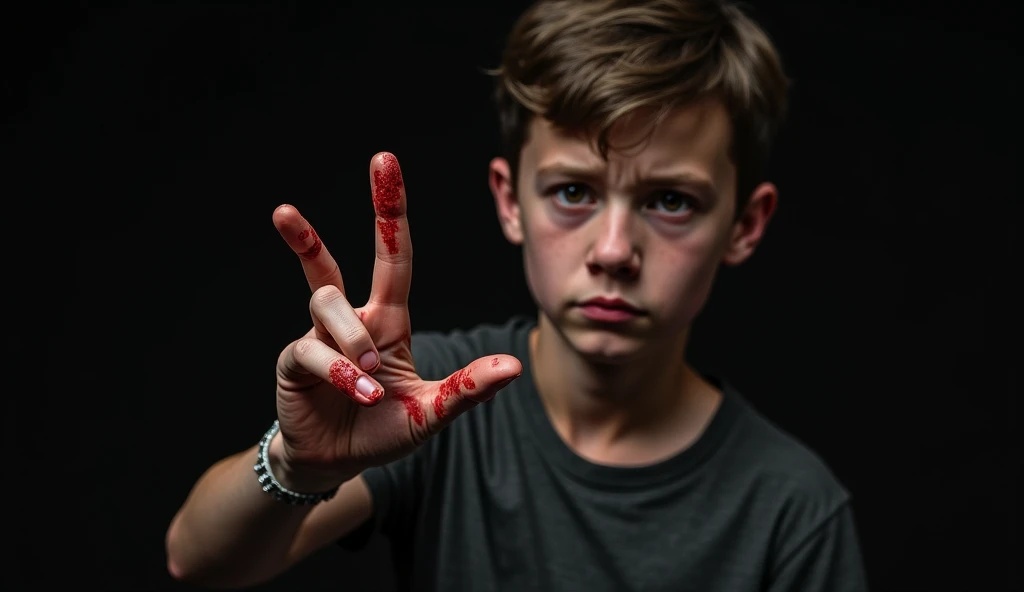 The cover of a book.
Half of a age boy's face making a silence sign with his hands covered in blood.