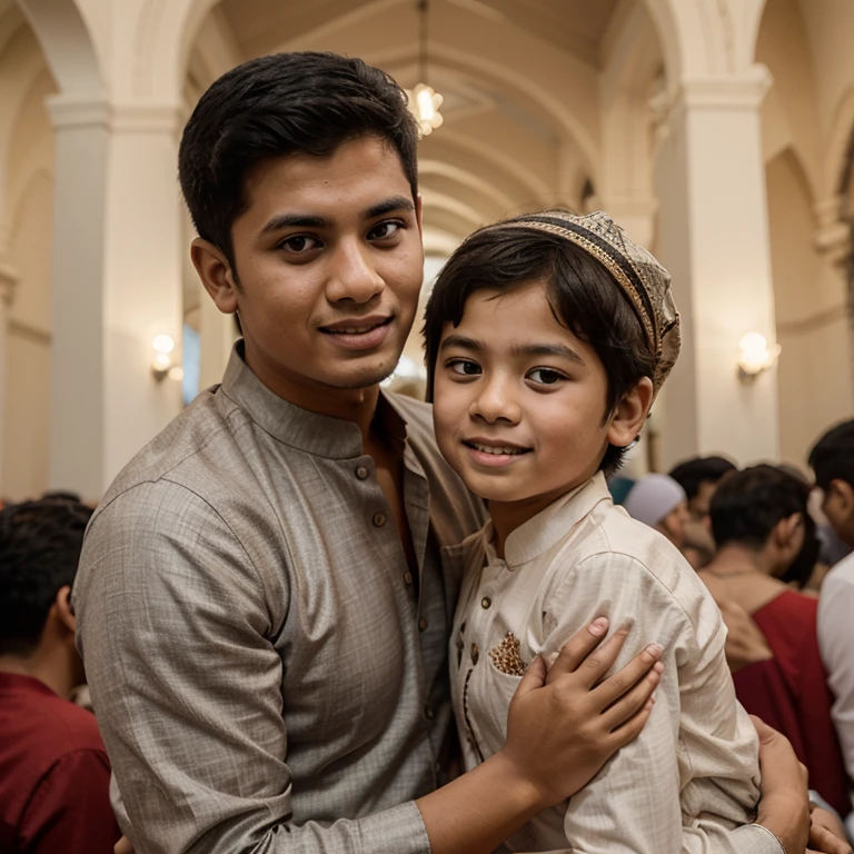 Imagine a picture where young Lord Rama, looking majestic with his bow, is holding hands with a teenage boy named Rohit. boy wearing a saffron-colored T-shirt with her name "Jeetram" boldly written in white letters, is smiling at Lord Rama, the background is of interior of a beautiful temple with "HAPPY RAM NAVAMI" is written in big letters, adding to the festive atmosphere, text should be correct and visible.