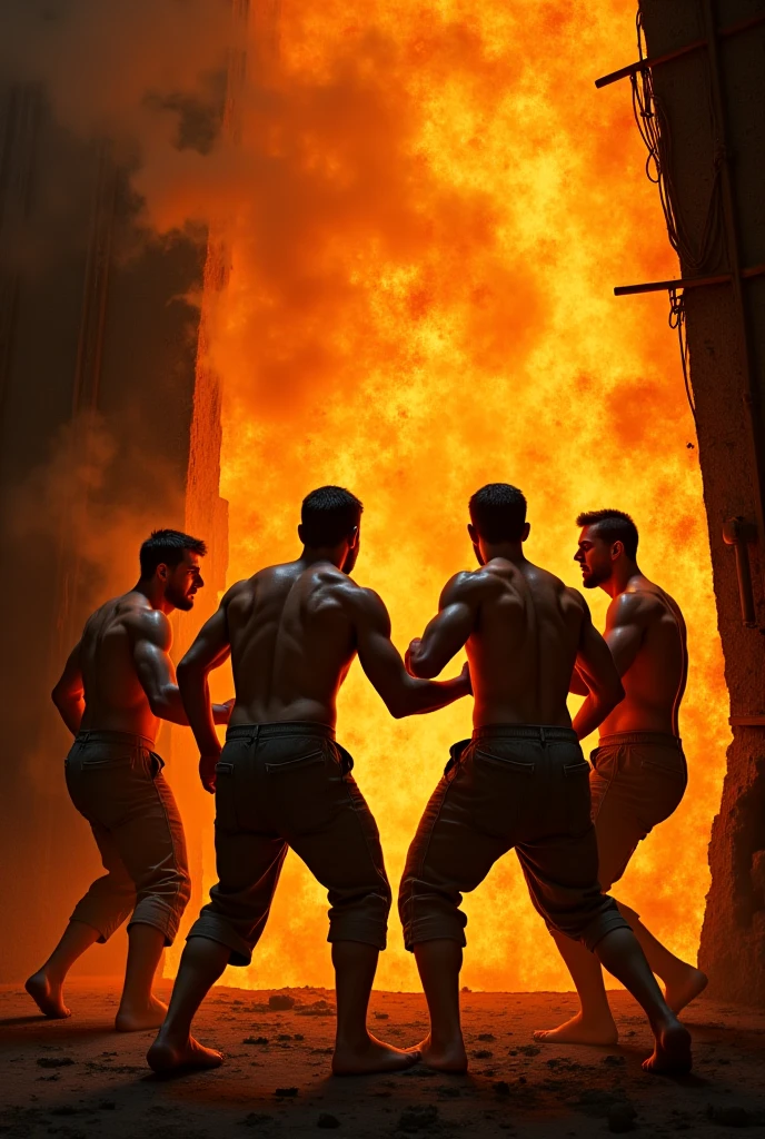 A group of rugged and handsome firefighters, their chiseled physiques glistening with sweat as they work together to extinguish a raging inferno, the heat and intensity of the flames contrasting beautifully against the cool blue hues of the night sky, capturing every detail with stunning clarity and vividness, 4K quality.