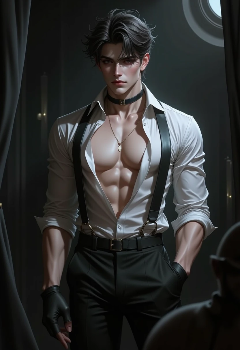 (8k,shipmentsrrealista shipments Maximum quality;1.4) (1 young boy) Super handsome king of the underworld (lifelike face) (short hair white hair ) slenderbody Hairy and macho muscular man Black and white aristocratic costume with big white eyes white decoration Fangs peeking out of the mouth Pointed claws a seductive gaze Beautiful expression A hyper-realistic (King of the Underworld) appealing (real looking skin) super high resolution high détail Black and white luxury pants White aura emanating from the body effect White coat