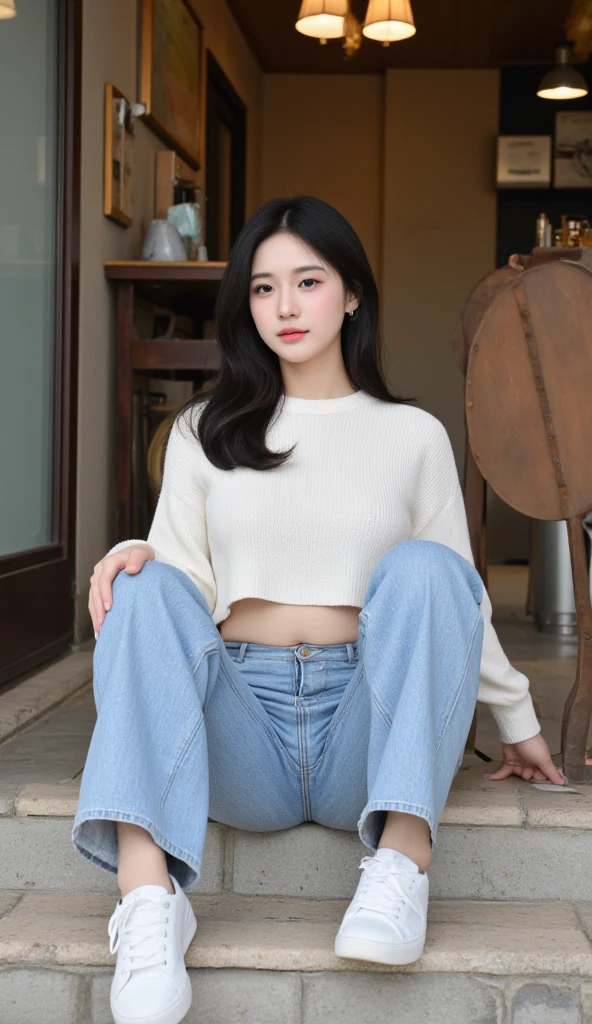 girl, blushing, shy, tight jeans, big , white seethrought top, sitting,coreano