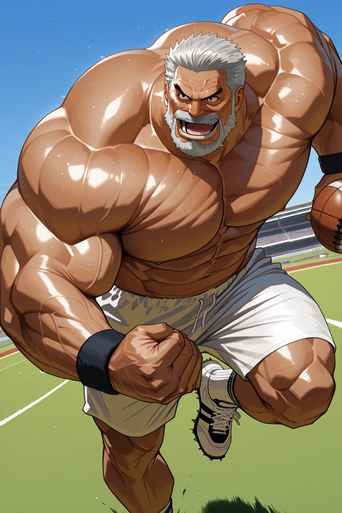 expansive landscape photograph , (a view from below that shows sky above and open swimming pool below), Zeus hairy old bald muscular man with beard, happy & Smiling, flexing biceps, splashing in outdoor shower by swimming pool, water falling down head onto body, speedo with large bulge, naked, tree BREAK production art, (warm light source:1.2), lamp, lot of green and blue, intricate details, volumetric lighting, realism BREAK (masterpiece:1.2), (best quality), 4k, ultra-detailed, (dynamic composition:1.4), highly detailed, colorful details,( iridescent colors:1.2), (glowing lighting, atmospheric lighting), dreamy, magical,