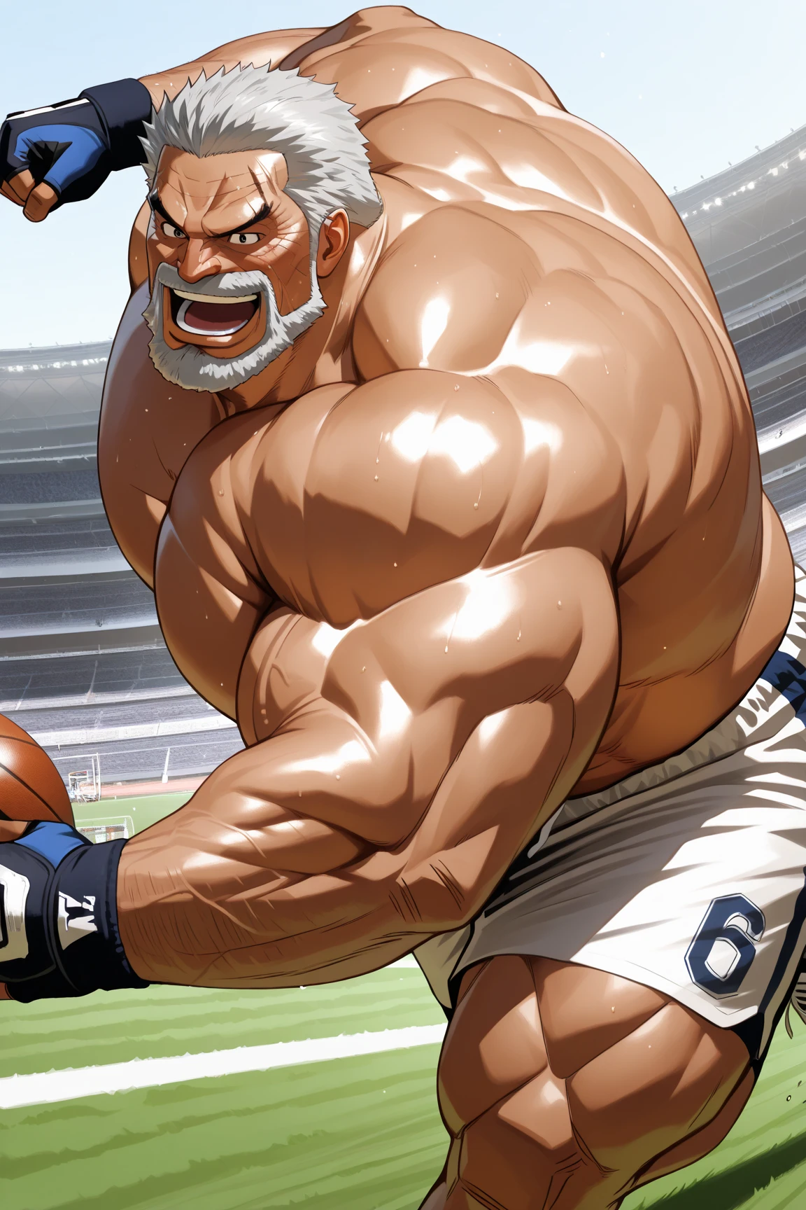 solo, 1boy, Huge wider thick Muscular Old Grizzly Bear wearing glasses , pectoral, huge pectoral, wide pectoral, short white hair, short pants, black wristbands, watch and shirtless and topless, bearded, Mustache, olympic stadium background, masterpiece, high detailed, 8k, high resolution, running all over the tracks, training, exercising