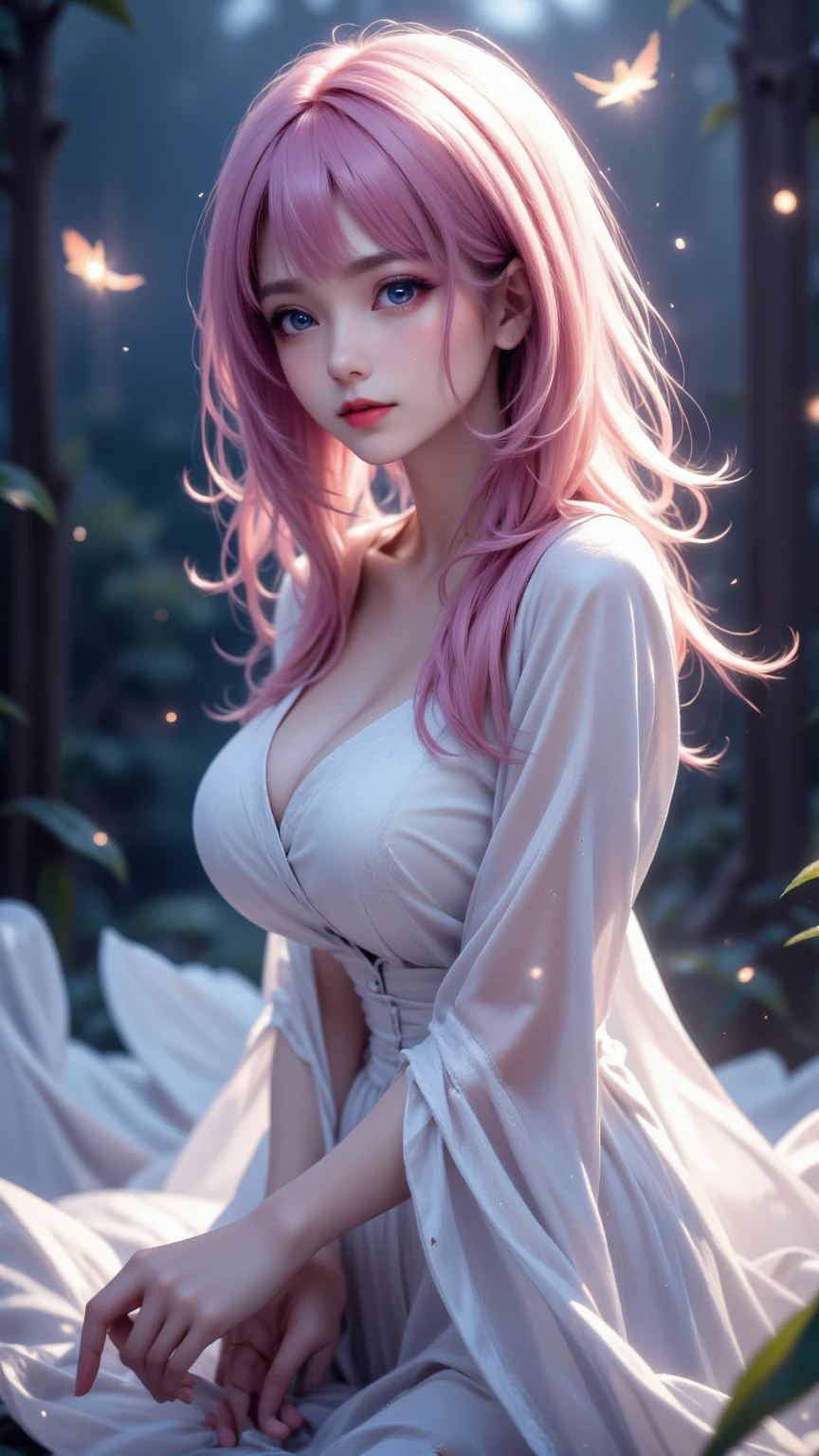 medium long body of A very beautiful angel beautiful breasts and large breasts with light pink large wings, big beautiful luscious lips, blue eyes with long eyelashes ,very long curly pink hair, light blue eye brows, wears a very beautiful clear and cloudy white plastic robe suit with diamonds on the dress, golden clouds background., photorealistic ,cinematic lighting, fantastic ,8K, HDR