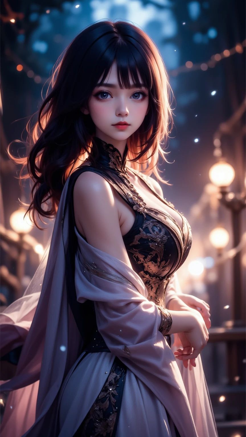 (masterpiece:1.5, Highest quality, Very detailed、 Dutch Angle、Semi-realistic、Fantasy)(One Girl, alone)(White and beautiful hair:1.4,,Straight Long Hair)(Dress in black tones、Fantasyの衣装)、((Off the shoulder、Mid-chest、ruby ​​necklace))(Beautiful cleavage、Legs wrapped in tights)(Beautiful starry sky、Mystical Night、Particles of light float around the woman、Fantasy space) Waiting to start
