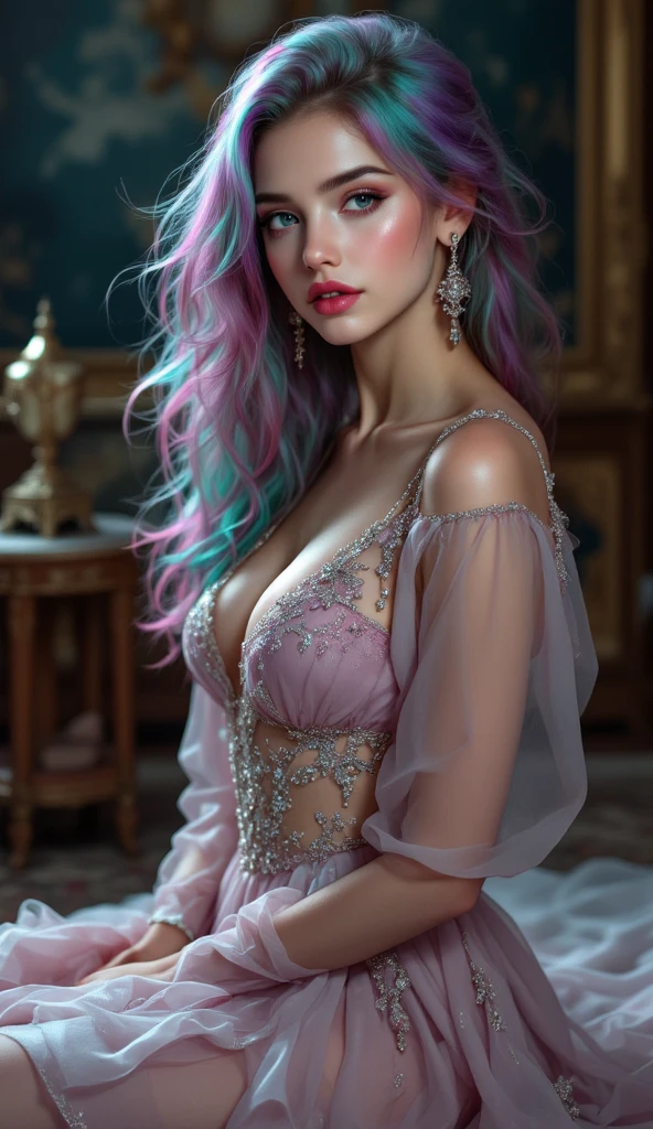 (Whole body: 1.5), (masterpiece, professional lighting, 16k, 8k wallpaper, raw photo, photorealistic: 1.8, ultra detailed, soft natural lighting, detailed skin, detailed face, detailed eyes, textured skin), (ultra realistic)) Photo, masterpiece, superior quality, (ultra-detailed face and eyes: 1.0),(large breast: 1.4), (25-year-old woman), (1beautiful girl), (((((intense eye makeup, pink mascara)), ((detailed fake lips), (with shiny lipstick and well-defined eyes), (wavy blue hair), (elegant hairstyle)), Photo, masterpiece, top quality, (ultra detailed face and eyes: 1.0), (25 year old woman), (1beautiful girl), (thick eye makeup, pink mascara), (((Enhance your look and sensuality with our short front long lace dress at the back. This women's dress is distinguished by its open back embellished with guipure and floral ornaments. The elegance of its mid-length sleeves lined with embroidered festoons and floral lace will not fail to captivate eyes. Its short front petticoat is enhanced with embroidered lace ruffles, and decorated with rich floral embroidery. It features an asymmetrical empire cut that highlights the silhouette in a glamorous way.))), The dress has a wide side slit, revealing black fishnet stockings. ((Off-shoulder evening dress with attention to detail)), brightly colored suit, ruffled hem, braided high heels, necklace, glamorous accessories,