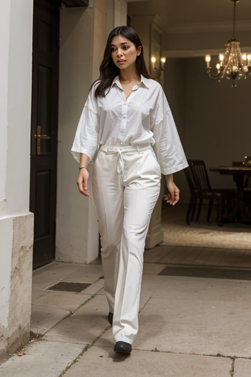 old money style girl, wearing a white satin shirt and wide black pants, loose and wavy hair. It is located in the middle of the city and everyone has eyes on it