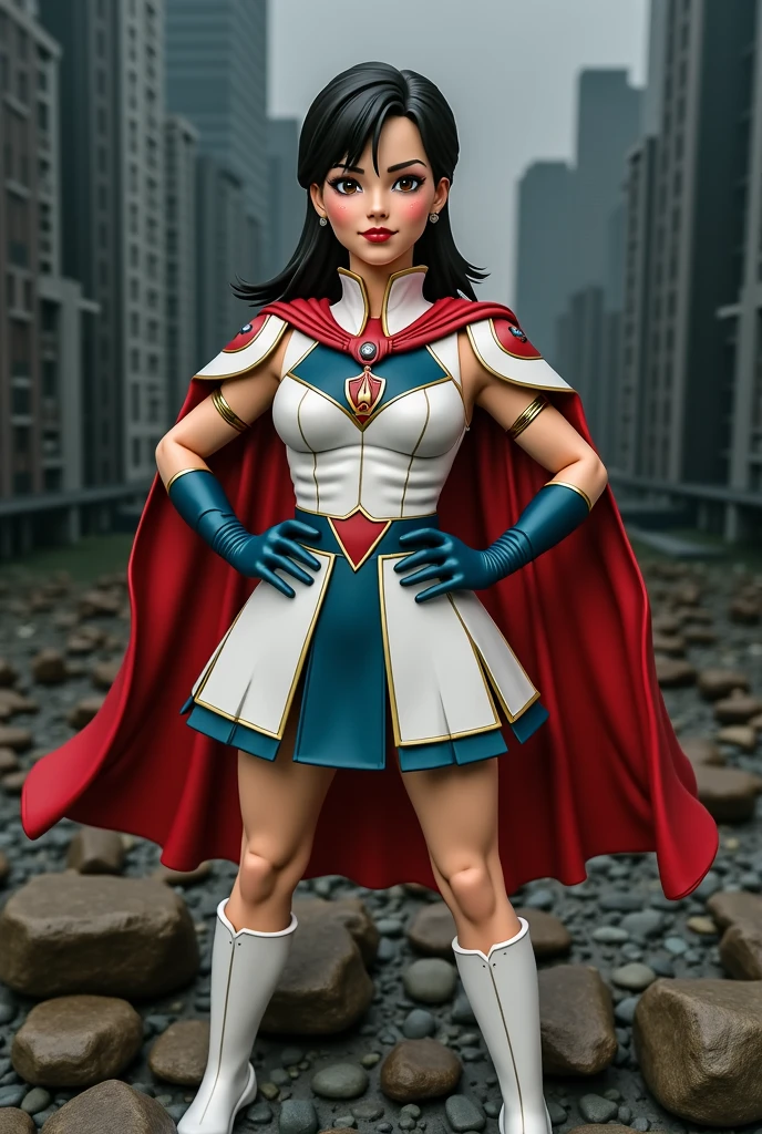 one woman, stand up, happy, sexy, asian super hero , maquiagem, small breasts, Lips are soft or colored, , tokusatsu, cap, fundo simples, sexy, short skirt, short cape, stand up, tokusatsu dress, perfect hands, good anatomy, postura ereta, provocante, smille facial expression, simple lighting and texture, white background, helmet with glass, tokyo, legs