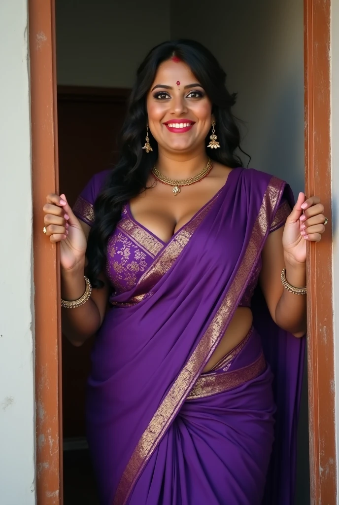 arafed woman in a purple sari posing for a picture, full subject in shot, indian, seductive lady, with a seductive smile, cleavage, provocative indian, curvy, indian goddess, sie boob, busty, looking hot, sexy :8, candid photo, candid shot, violet myers, candid picture, revealing clothes, indian super model, seductive smile