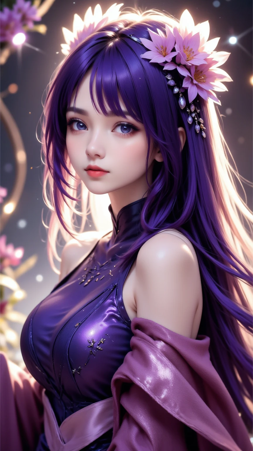 1 very beautiful girl in hanfu dress, thin purple silk shirt with many white motifs, white lace top, long bangs and long ponytail in purple platinum, gorgeous hair jewelry, pretty face and cute, flawless face, earring jewelry, light purple bunny ears, neck jewelry, big purple eyes drawn meticulously, meticulous makeup, thin eyebrows, high nose, red lips pretty, no smile, pursed lips, rosy cheeks, wide breasts, big breasts, well-proportioned bust, slim waist, purple mesh socks, Chinese hanfu style, fictional art patterns, vivid colors and legs real , RAW photo, realistic photo, ultra high quality 8k surreal photo, (fantasy light effect: 1.8), 10x pixels, magic effect (background): 1.8), super detailed eyes , beautiful girl upper body portrait, girl alone, ancient hanfu background, looking directly at the audience, wide original photo, 8k quality, UHD, HDR10, super sharp, the most detailed and clear picture , bright colors, even lighting, detailed light and dark background,