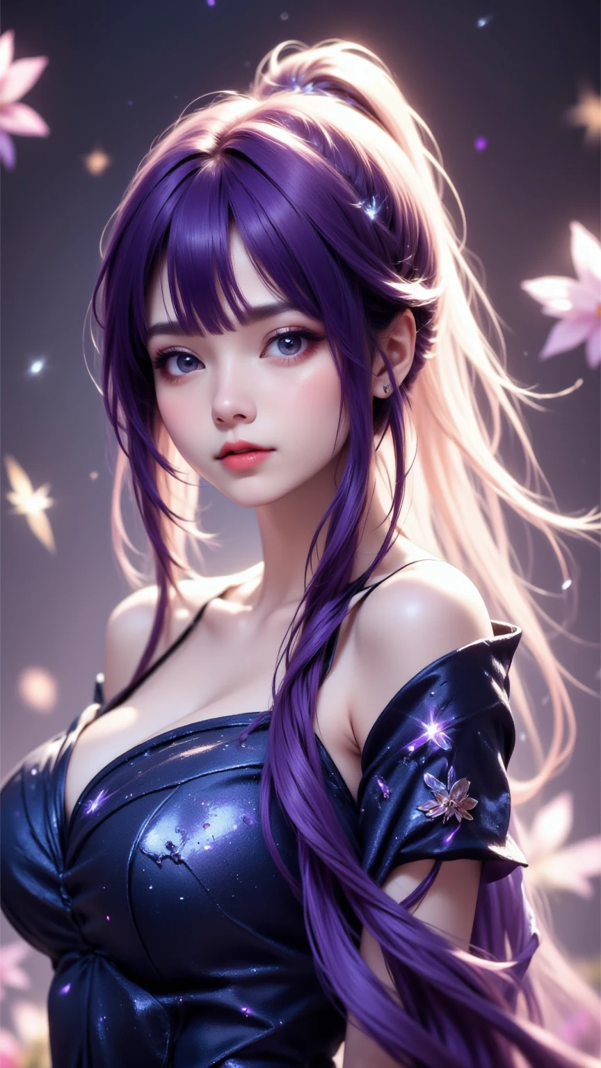 （t masterpiece, Need,1girll, Solo, Intricate details, Looking up perspective, color difference), real photo,(facade), (shoulder cut), cleavage, Close-up, smile, Sexy enhancement,Yae Miko, Purple blue hair, purple blue accents, purple eyes, sharp look, perfectly symmetrical figure, neon shirt, revealing jacket, sweater, leaning against the wall, brick wall, scribbles, dim lights, alleyway, looking at the viewer.（（evil streaks, cleavage is seductive, big breasts are enchanting)），（（（cherry blossom background) )),((((Japanese temple background)))), (((Shine in- dark background)))
