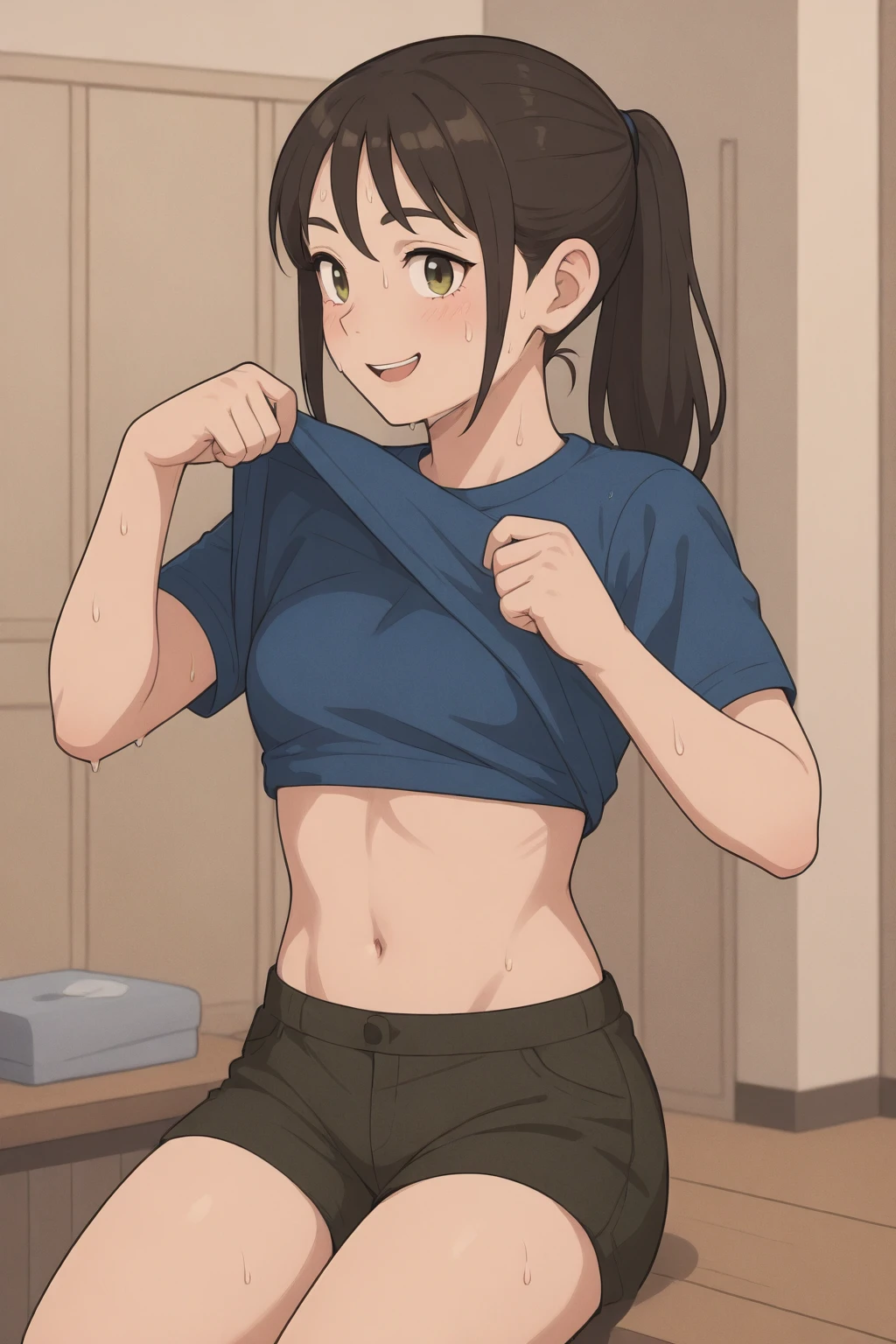 Anime image of a girl with short brown hair, very tanned and brown skin, she wears a very tight schoolgirl uniform and her arms are wrapped in bandages. She is laughing sadistically and she has muscles and she is in a classroom. She has ears. and raccoon tail