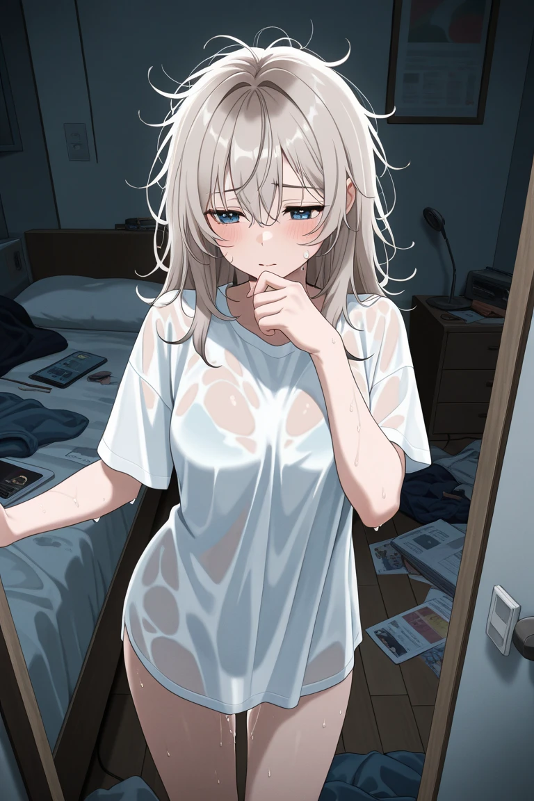 Blonde,((blush:1.4)),((Brown Skin:1.5)),Soaking wet,((Soaking wetのシースルーの白いワンピース:1.5)),Black underwear,The background is the front door of the house、Floors that are wet with water.